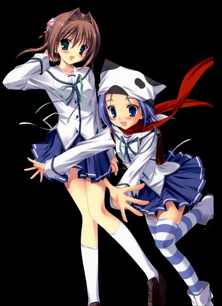tanihara natsuki, amakase minatsu, asakura yume, da capo, da capo ii, striped legwear, white legwear, anime screenshot, 00s, 2girls, animal print, backpack, bag, black background, blue eyes, blue hair, blush, brown hair, bun cover, cow print, green eyes, multiple girls, open mouth, randoseru, red scarf, ribbon, scarf, school uniform, serafuku, short hair, simple background, skirt, socks, striped clothes, striped thighhighs, thighhighs, zettai ryouiki