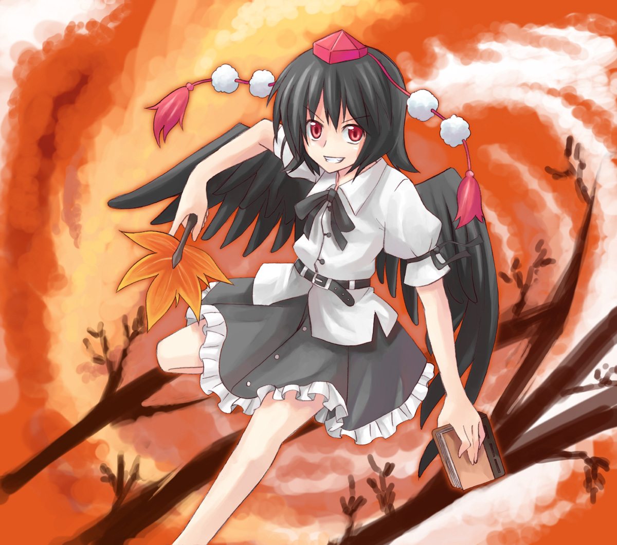 yuuta (tokoton hirune hiyori), shameimaru aya, touhou, bad id, bad pixiv id, 1girl, black hair, black wings, female focus, hand fan, hat, looking at viewer, notebook, red eyes, short hair, smile, solo, wings