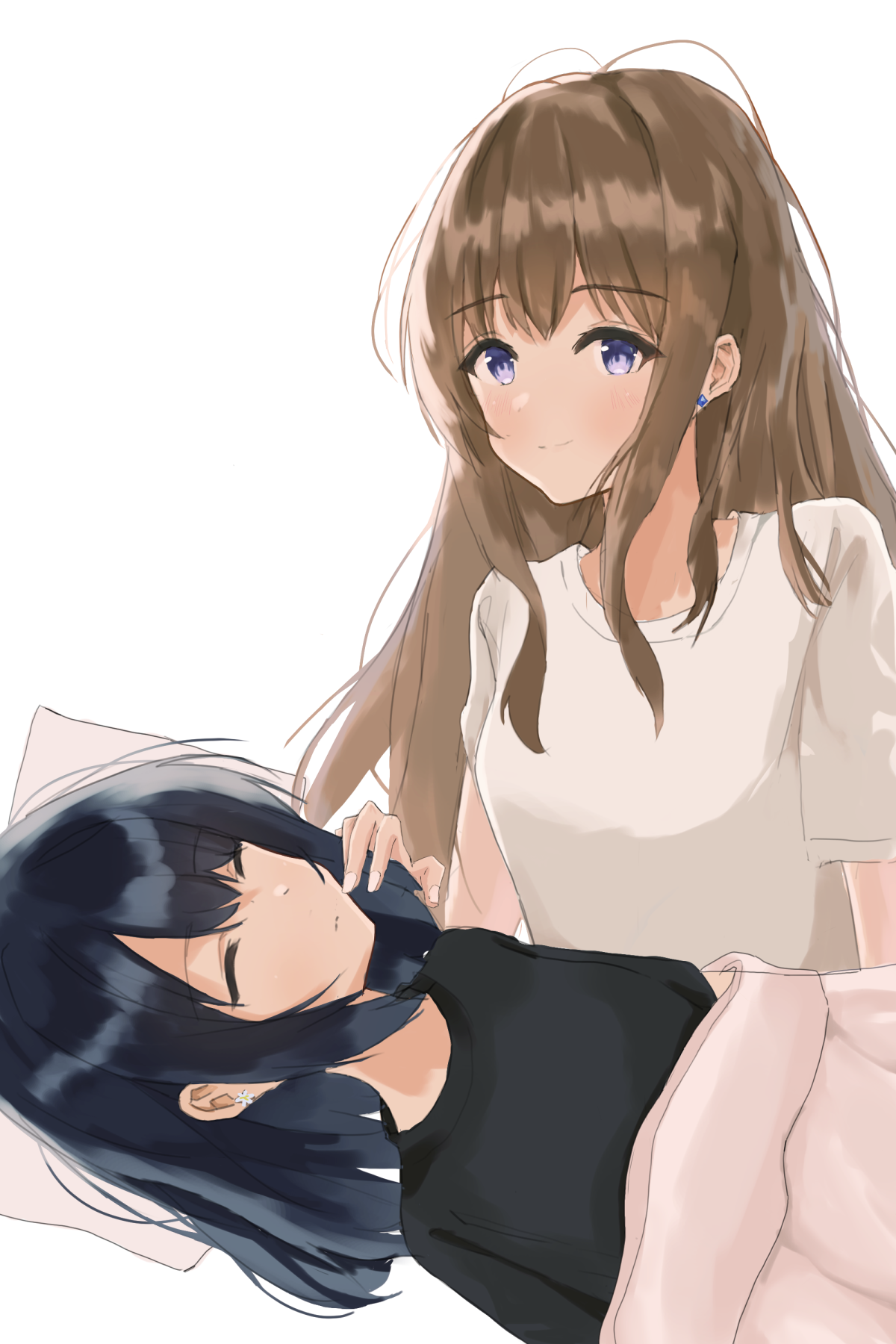 miyagi shiori, sendai hazuki, shuuniichido classmate wo kau hanashi, highres, 2girls, black hair, black shirt, brown hair, closed eyes, closed mouth, earrings, hand in another's hair, jewelry, li190, long hair, multiple girls, pillow, purple eyes, shirt, short sleeves, simple background, sleeping, smile, stud earrings, under covers, white background, white shirt, yuri