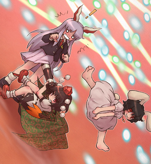 sankuma, inaba tewi, reisen udongein inaba, shameimaru aya, touhou, 3girls, animal ears, danmaku, female focus, geta, hat, multiple girls, rabbit ears, tengu-geta
