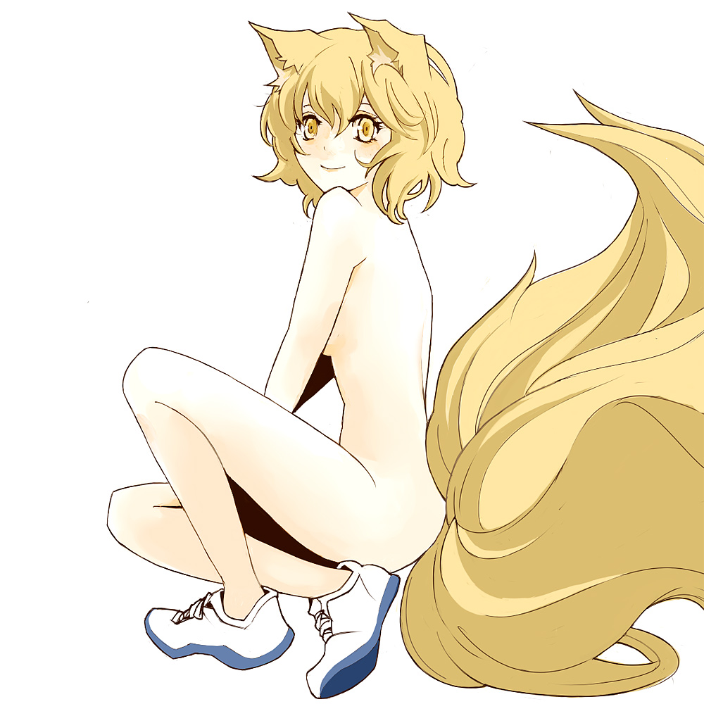goldregen, yakumo ran, touhou, bad id, bad pixiv id, 1girl, animal ears, blonde hair, female focus, fox ears, fox tail, multiple tails, no socks, nude, shoes, short hair, simple background, sitting, solo, tail, white background, yellow eyes