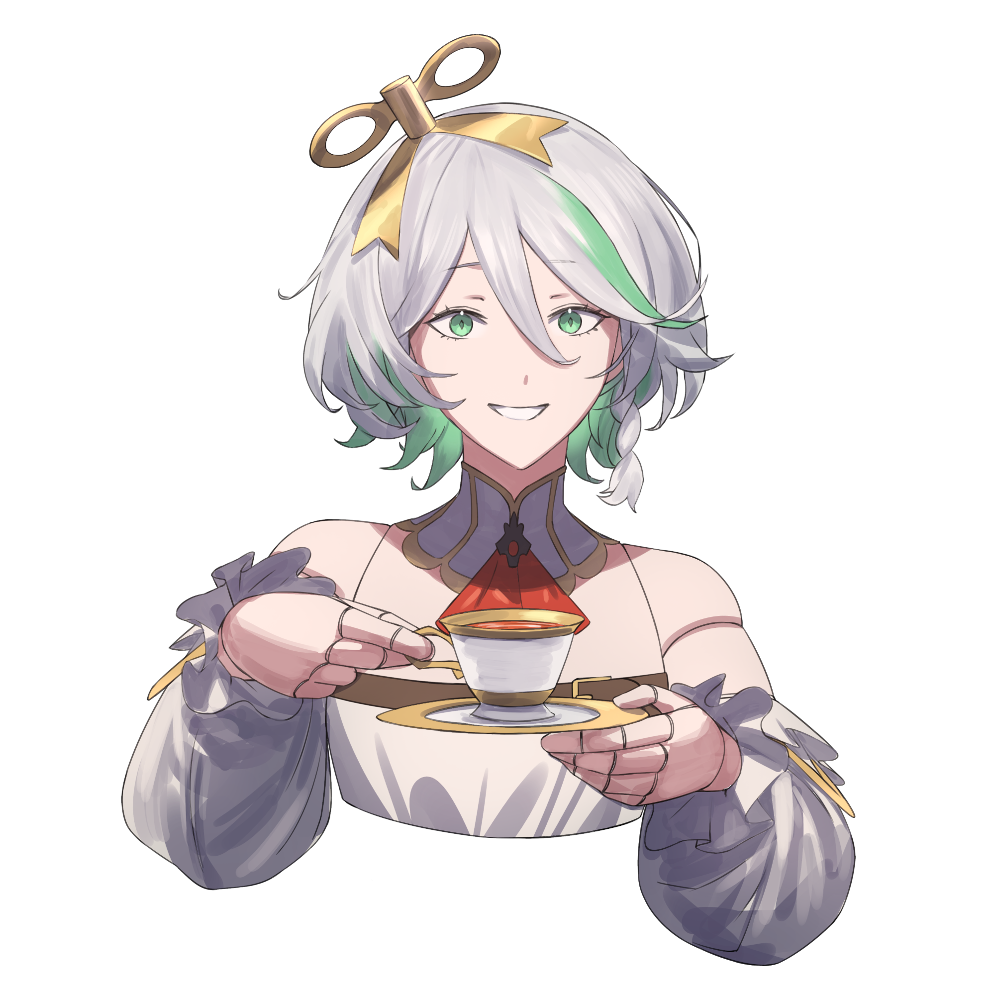 shou illust, cecilia immergreen, hololive, hololive english, highres, 1girl, ascot, colored inner hair, cup, detached collar, detached sleeves, doll joints, gradient hair, green eyes, green hair, grey hair, grin, hair between eyes, holding, holding saucer, joints, looking at viewer, medium hair, multicolored hair, red ascot, romper, saucer, simple background, smile, solo, tea, teacup, virtual youtuber, white background, white romper, winding key