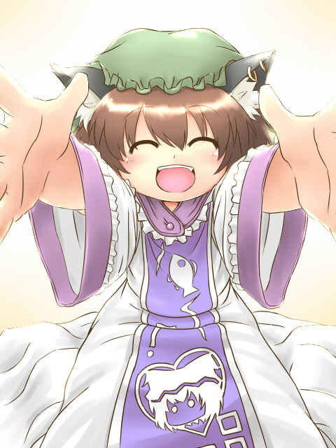 kakkou, chen, yakumo ran, touhou, bad id, bad pixiv id, 1girl, :d, ^ ^, brown hair, closed eyes, cosplay, earrings, expressive clothes, female focus, fish, foreshortening, hat, heart, incoming hug, jewelry, open mouth, outstretched arms, outstretched hand, short hair, smile, solo, yakumo ran (cosplay)
