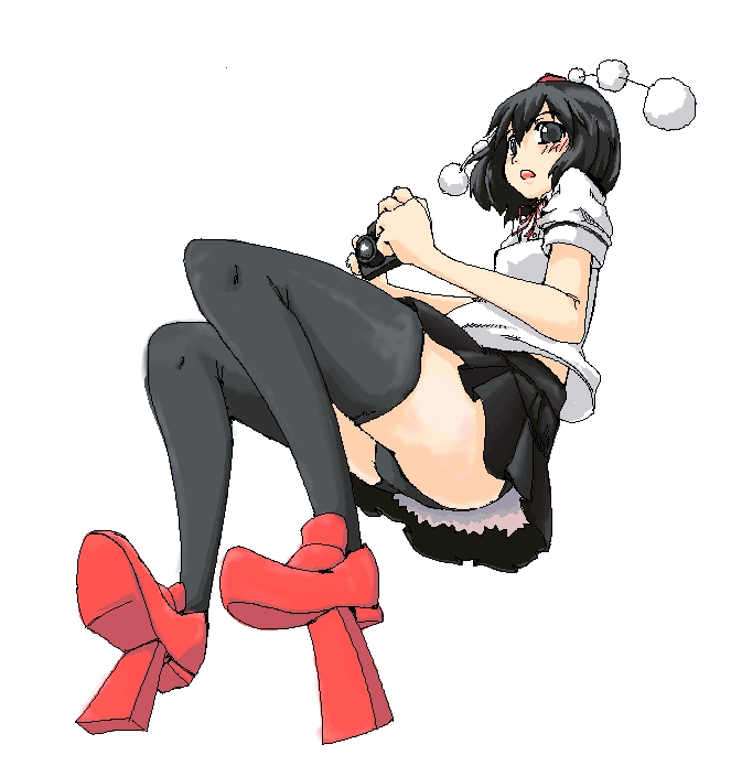 tsukino, shameimaru aya, touhou, 1girl, black hair, blush, camera, female focus, geta, hat, looking at viewer, open mouth, panties, short hair, skirt, solo, surprised, tengu-geta, thighhighs, underwear