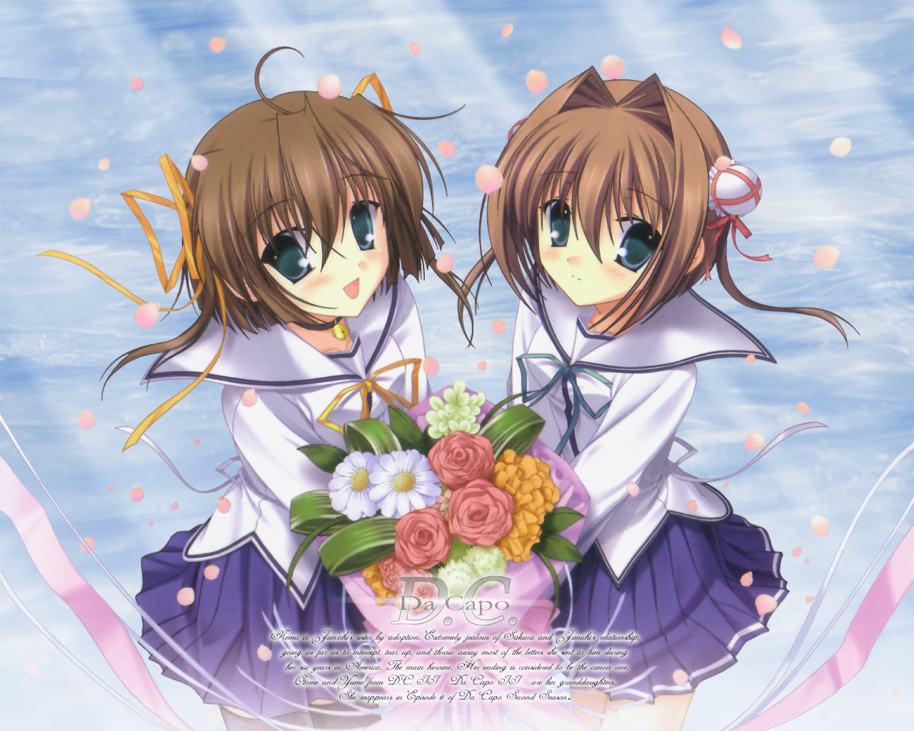 tanihara natsuki, asakura nemu, asakura yume, da capo, da capo i, da capo ii, 00s, 2girls, aqua eyes, bell, brown hair, choker, flower, jingle bell, multiple girls, ribbon, school uniform, serafuku, time paradox