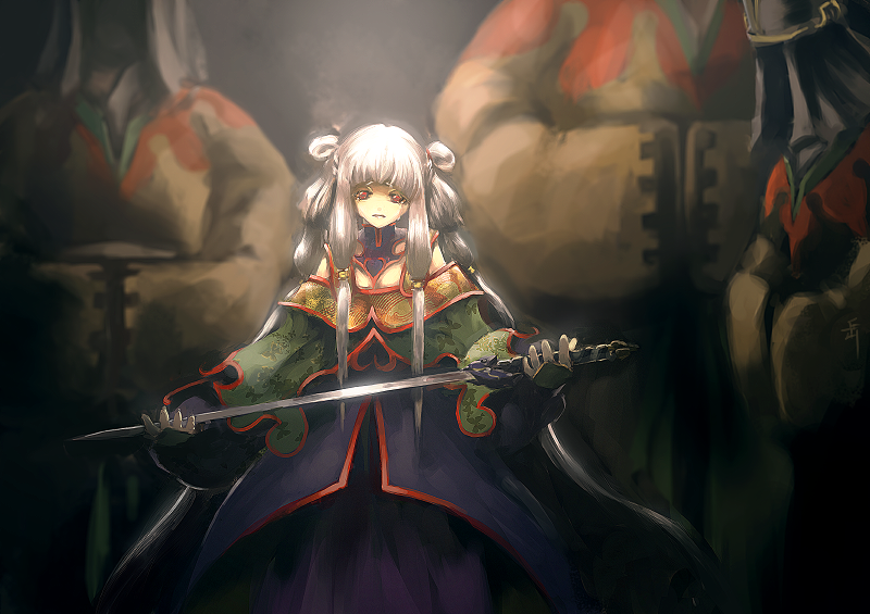 archlich, tianzi, code geass, silver hair, bad id, bad pixiv id, 00s, 1girl, 3boys, female focus, long hair, multiple boys, red eyes, solo, sword, tears, weapon