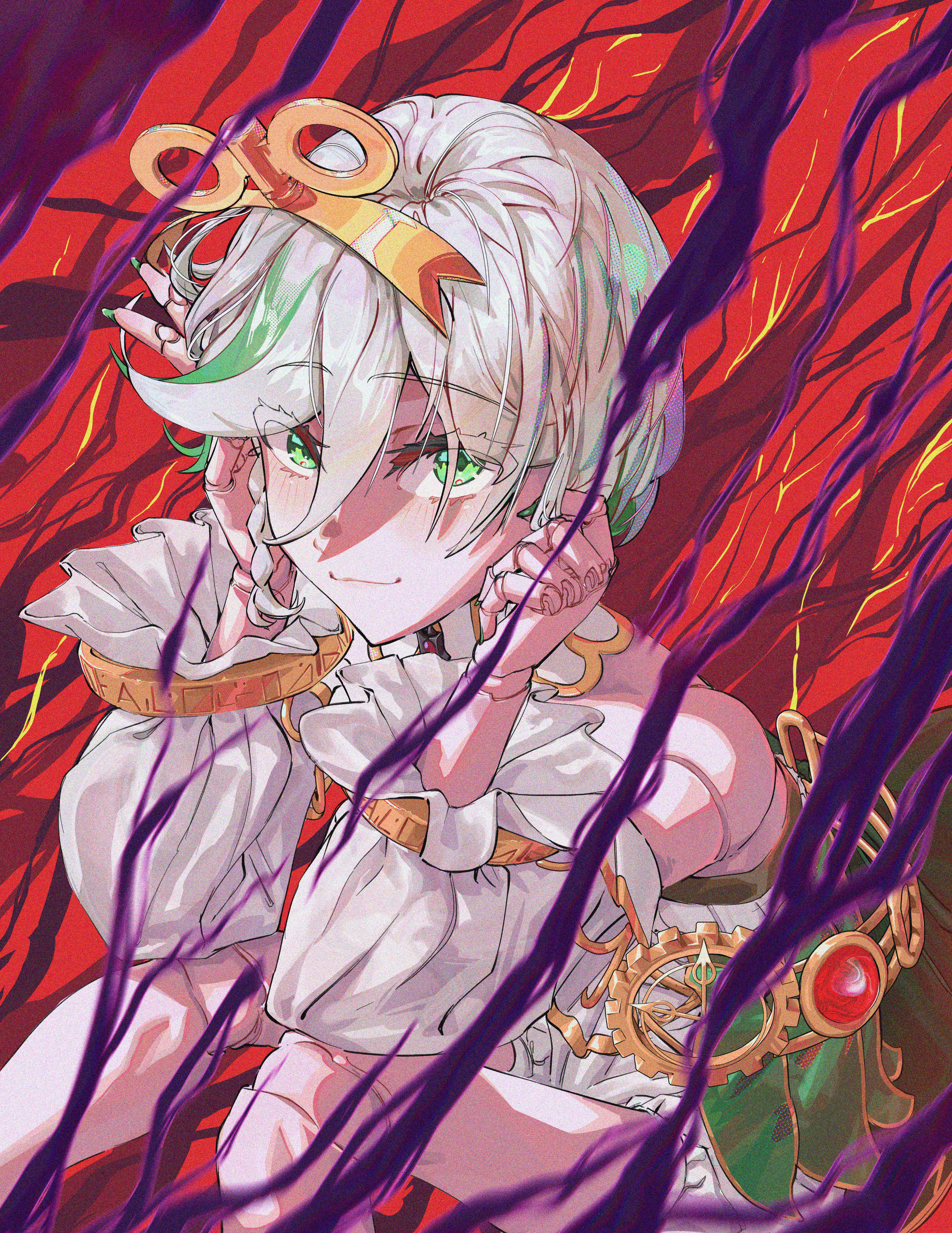 snaileater, cecilia immergreen, cecilia immergreen (1st costume), hololive, hololive english, absurdres, highres, 1girl, braid, closed mouth, detached sleeves, doll joints, gradient hair, green eyes, green hair, green nails, grey hair, hair between eyes, joints, looking at viewer, medium hair, multicolored hair, romper, sitting, smile, solo, virtual youtuber, white romper, winding key