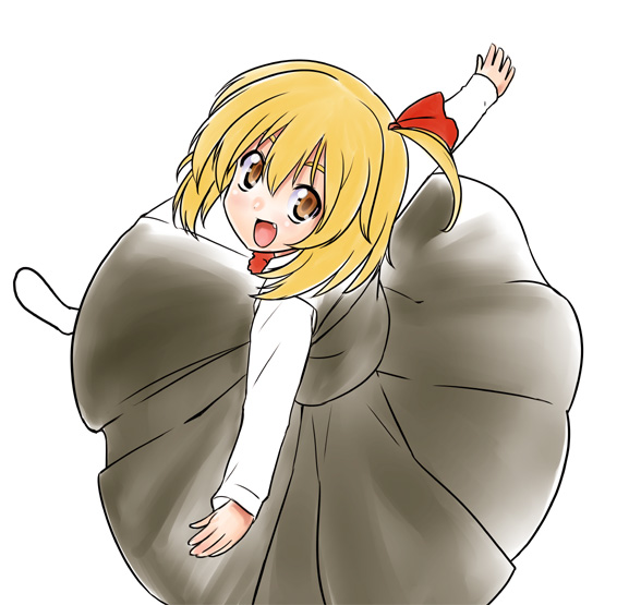 kiku hitomoji, tora tooru, toru tooru, rumia, embodiment of scarlet devil, touhou, 1girl, blonde hair, fang, female focus, hair ribbon, necktie, outstretched arms, red eyes, ribbon, short hair, solo, spread arms