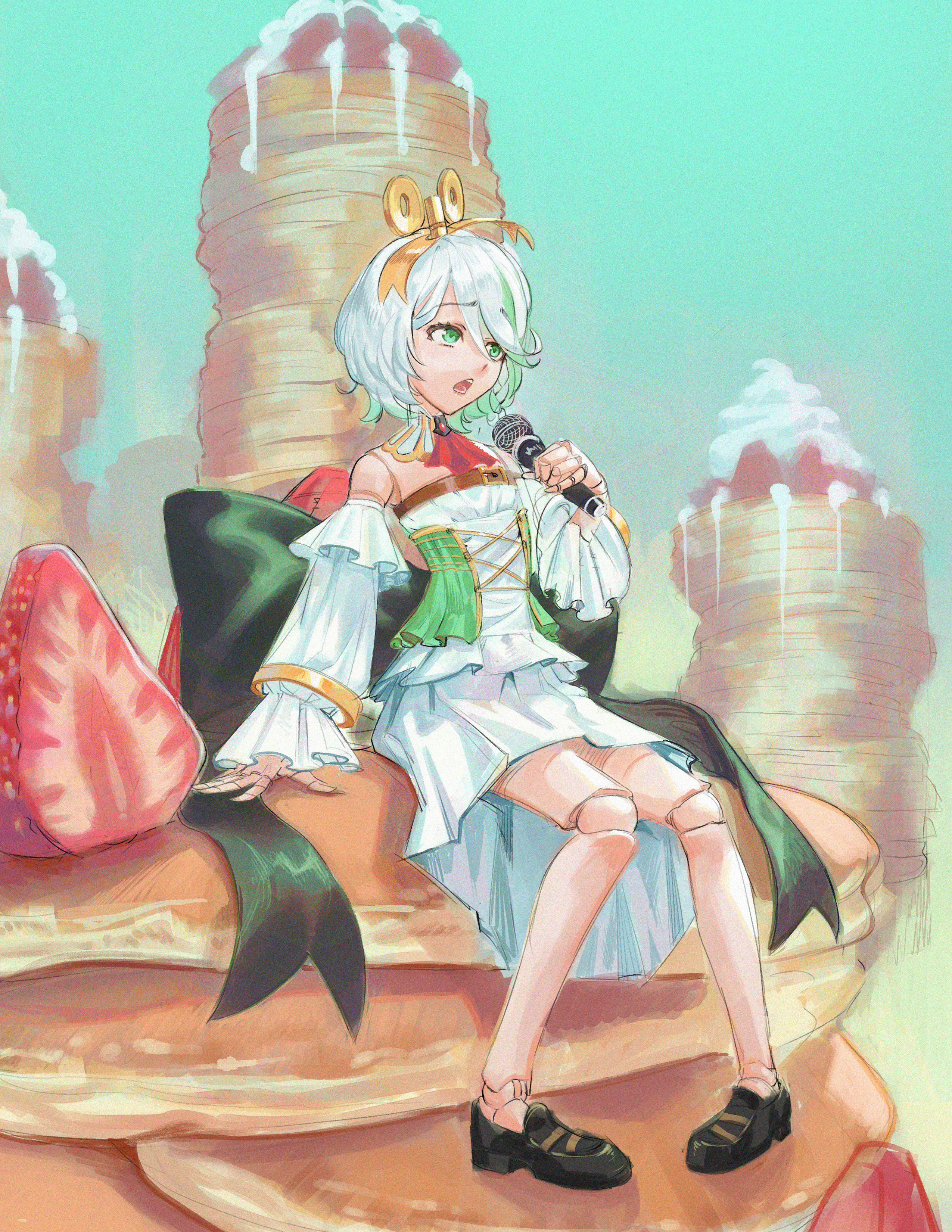 snaileater, cecilia immergreen, cecilia immergreen (1st costume), hololive, hololive english, absurdres, highres, 1girl, adapted costume, black shoes, bow, corset, detached collar, detached sleeves, doll joints, dress, food, fruit, green bow, green corset, green eyes, green hair, grey hair, hair between eyes, holding, holding microphone, joints, medium hair, microphone, mini person, minigirl, on food, open mouth, pancake, pancake stack, shoes, sitting, solo, strawberry, virtual youtuber, white dress, winding key