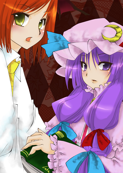 nishino miyuki, koakuma, patchouli knowledge, embodiment of scarlet devil, touhou, 2girls, blush, book, bow, female focus, hair bow, multiple girls, multiple hair bows, orange hair, purple eyes, purple hair, standing, upper body, yellow eyes