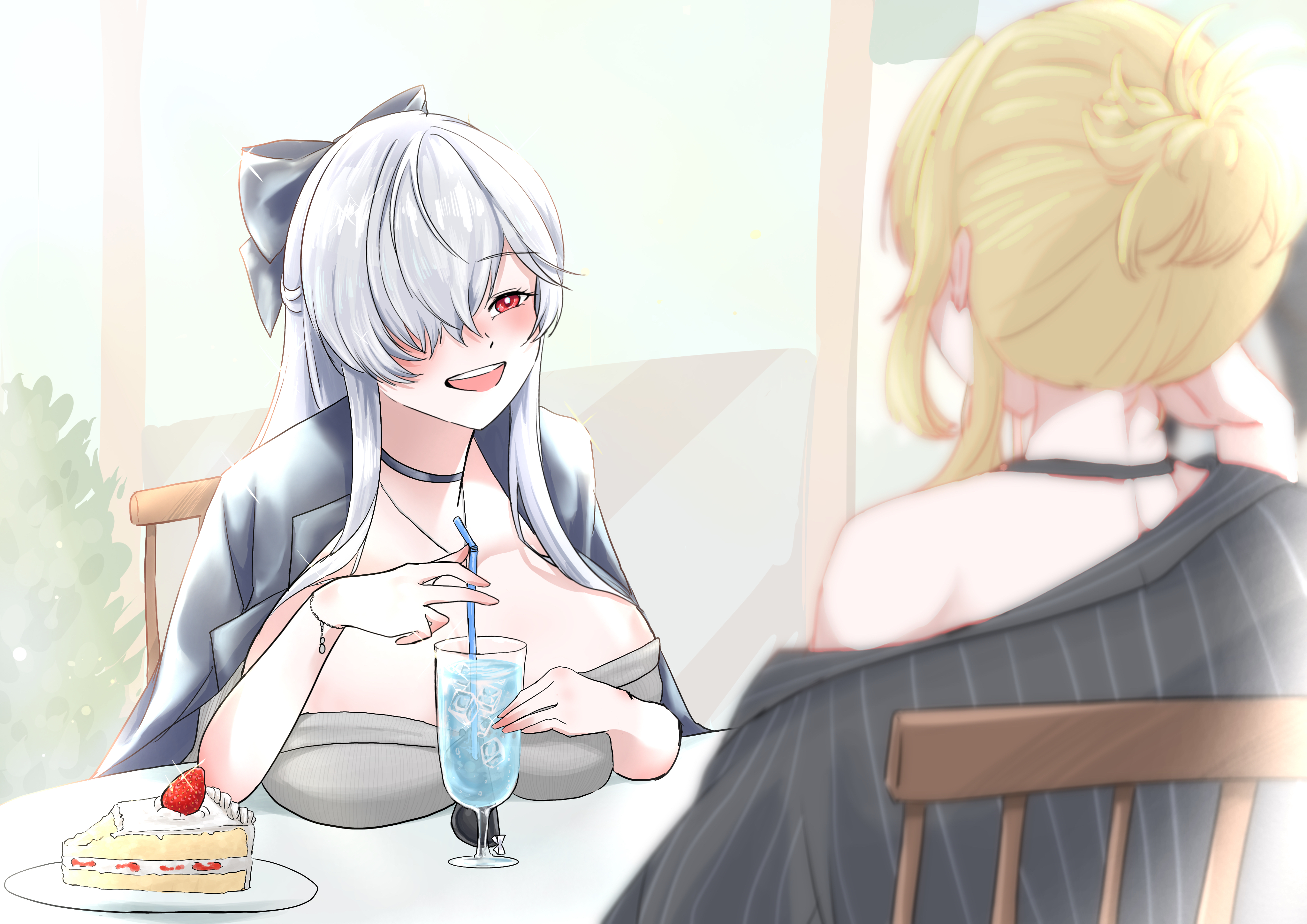 cinderella (beautiful me) (nikke), cinderella (nikke), grave (beautiful you) (nikke), grave (nikke), goddess of victory: nikke, absurdres, highres, 2girls, bikini, black bikini, black jacket, blonde hair, breasts, cake, choker, cleavage, collar, cross, cross choker, dongtan dress, dress, eyewear hang, food, formal clothes, glasses, grey dress, hair over one eye, jacket, jacket on shoulders, large breasts, leather bikini, long hair, metal collar, multiple girls, necklace between breasts, nukomaronikke, official alternate costume, pinstripe jacket, pinstripe pattern, pinstripe suit, ponytail, red eyes, short ponytail, soda, strawberry shortcake, suit, sunglasses, swimsuit, taut clothes, taut dress, unworn eyewear, very long hair, white hair