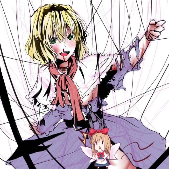 tori (minamopa), alice margatroid, shanghai doll, touhou, 2girls, blood, empty eyes, female focus, injury, multiple girls, nosebleed, solo, torn clothes, white background