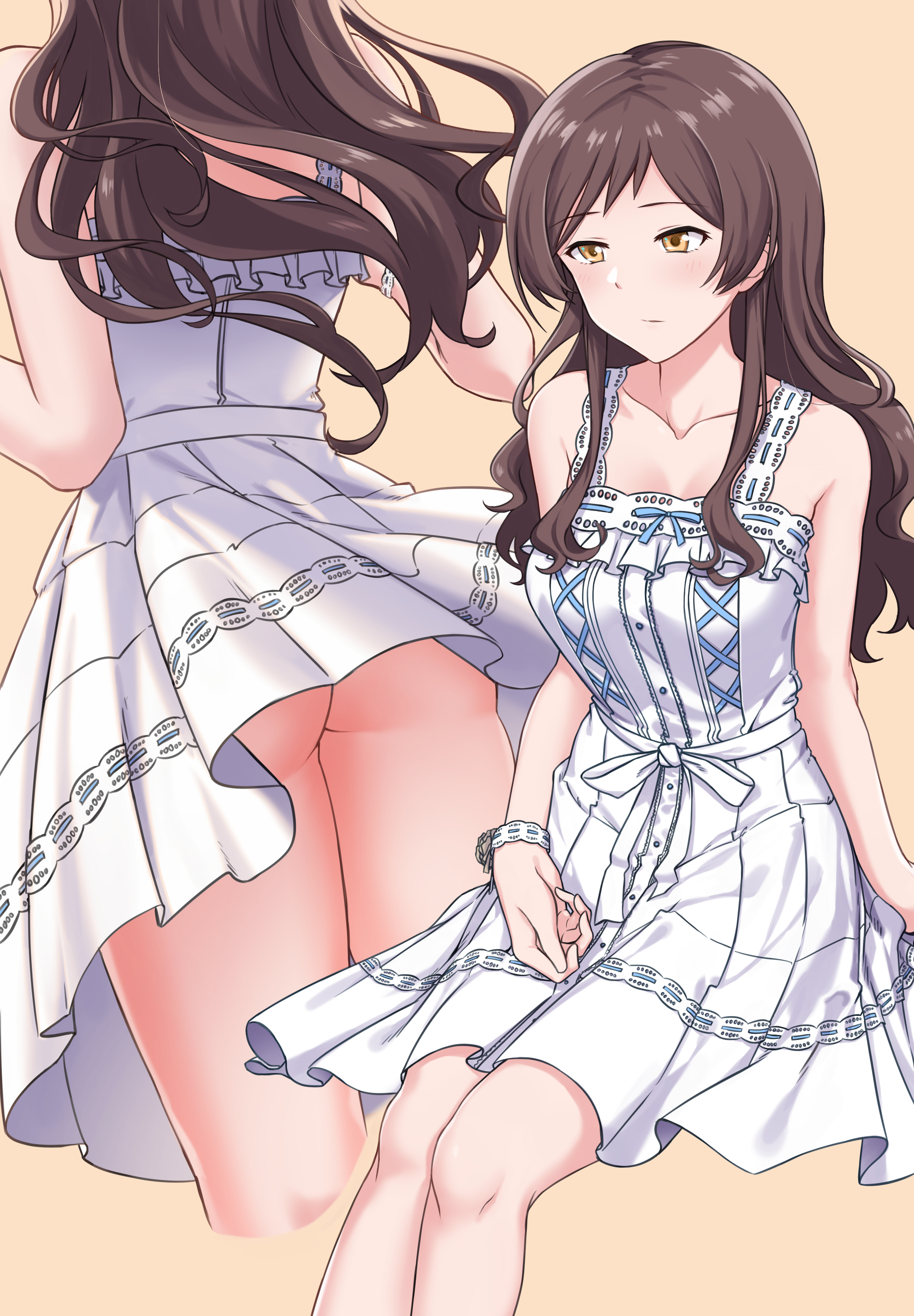 aki (aoirowings), kitazawa shiho, idolmaster, idolmaster million live!, absurdres, highres, 1girl, ass, brown background, brown hair, closed mouth, collarbone, dress, long hair, multiple views, no panties, official alternate costume, pure onepiece (idolmaster), simple background, sitting, sleeveless, sleeveless dress, upskirt, white dress, yellow eyes