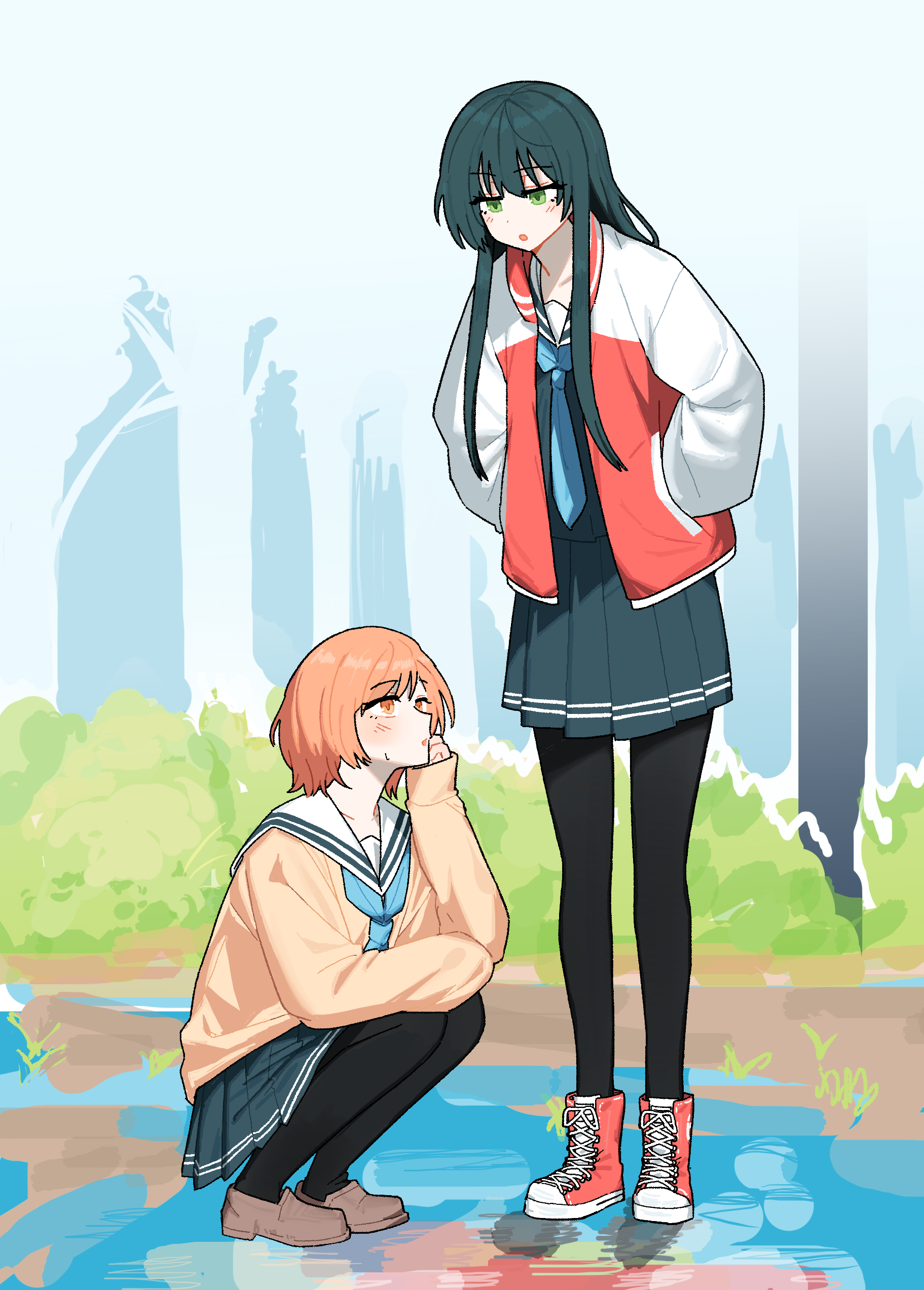 kindaichi saki, oikawa kanon, amayo no tsuki, absurdres, commentary request, highres, 2girls, betato, black pantyhose, black skirt, blue neckerchief, blush, brown shoes, bush, green eyes, green hair, loafers, multiple girls, neckerchief, open mouth, orange hair, outdoors, pantyhose, pleated skirt, red shoes, sailor collar, school uniform, serafuku, shoes, short hair, skirt, squatting, standing, sweater, tree, white sailor collar, yellow sweater