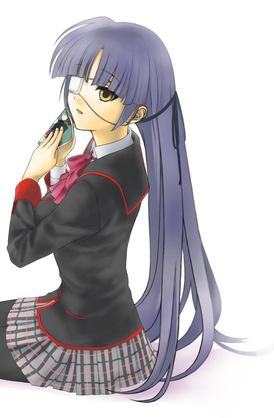 touichi, koshiki miyuki, little busters!, plaid, bad id, bad pixiv id, 1girl, bow, eyepatch, female focus, long hair, pantyhose, pink bow, purple hair, school uniform, serafuku, skirt, solo, yellow eyes