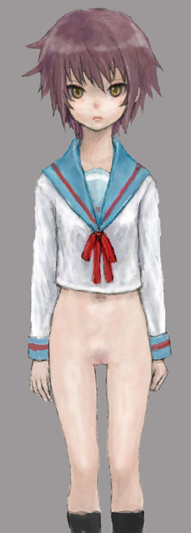 ponsuke (pon00000), nagato yuki, suzumiya haruhi no yuuutsu, bad id, bad pixiv id, 00s, 1girl, bottomless, clitoris, female focus, pussy, school uniform, serafuku, short hair, simple background, solo, thigh gap, thighs, uncensored, yellow eyes