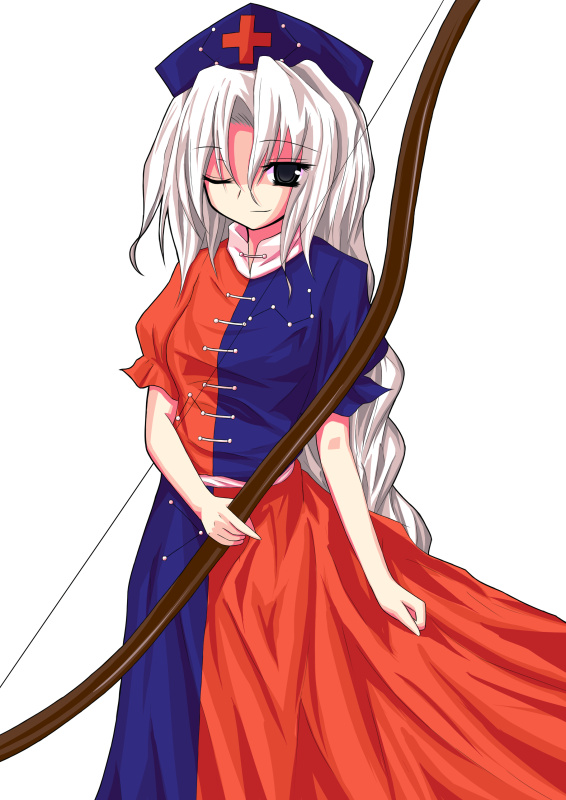 ni (ippozenshin), yagokoro eirin, touhou, bad tag, 1girl, alphes (style), bow (weapon), braid, dress, female focus, hat, light smile, long hair, nurse cap, one eye closed, parody, single braid, smile, solo, style parody, two-tone dress, very long hair, weapon, white hair, wink