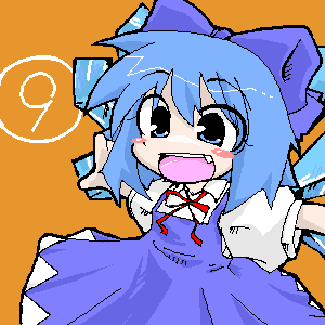 haruki (mermaid tears), cirno, phantasmagoria of flower view, touhou, lowres, 1girl, blue eyes, blue hair, bow, brown background, chibi, circled 9, female focus, matching hair/eyes, oekaki, ribbon, simple background, solo