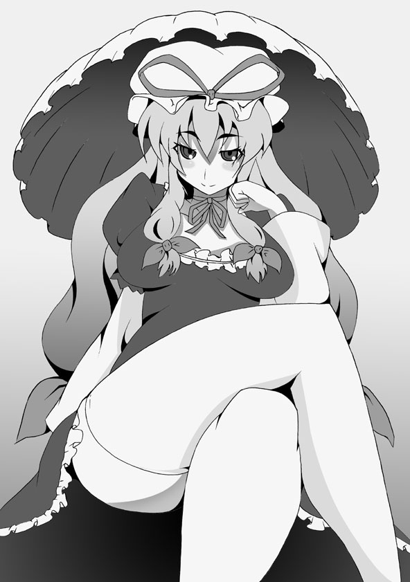toudori, yakumo yukari, touhou, artist request, 1girl, breasts, breasts apart, crossed legs, dress, female focus, gradient background, greyscale, hat, long hair, mob cap, monochrome, sitting, solo, thick thighs, thighhighs, thighs, umbrella, very long hair