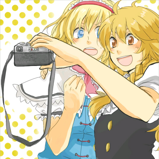 nugaa, alice margatroid, kirisame marisa, touhou, bad id, bad pixiv id, 2girls, blonde hair, blue eyes, blush, brown eyes, camera, female focus, multiple girls, selfie, smile