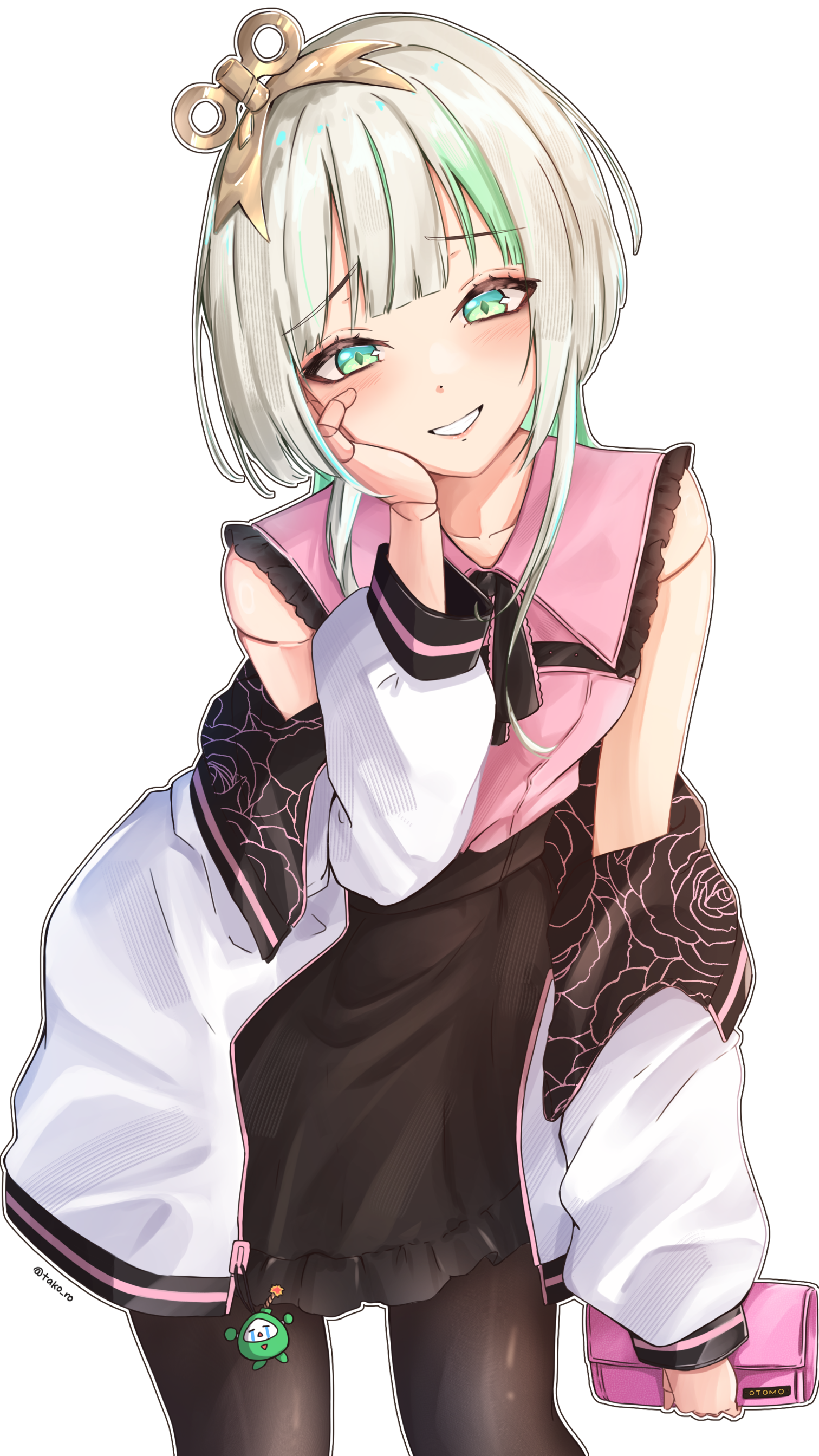 takoroki, cecilia immergreen, hololive, hololive english, absurdres, highres, 1girl, alternate costume, bag, black bow, black skirt, bow, doll joints, green eyes, green hair, grey hair, hand on own face, handbag, holding, holding bag, joints, looking at viewer, multicolored hair, pink shirt, shirt, simple background, skirt, smile, solo, standing, twitter username, virtual youtuber, winding key