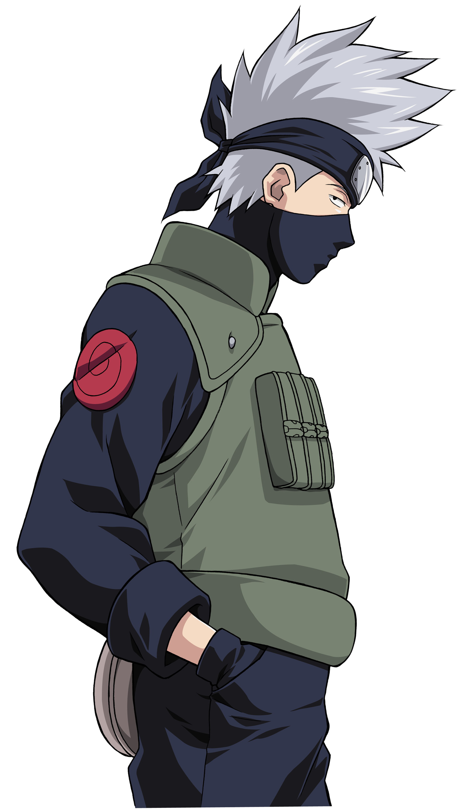 hatake kakashi, naruto (classic), naruto (series), silver hair, absurdres, artist request, highres, 1boy, forehead protector, half mask, hands in pockets, male focus, mask, ninja, short hair, solo, vest