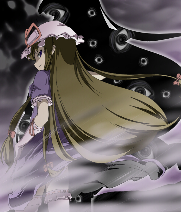 nama (namaiki), yakumo yukari, touhou, 1girl, blonde hair, female focus, gap (touhou), hat, long hair, ribbon, solo, thighhighs