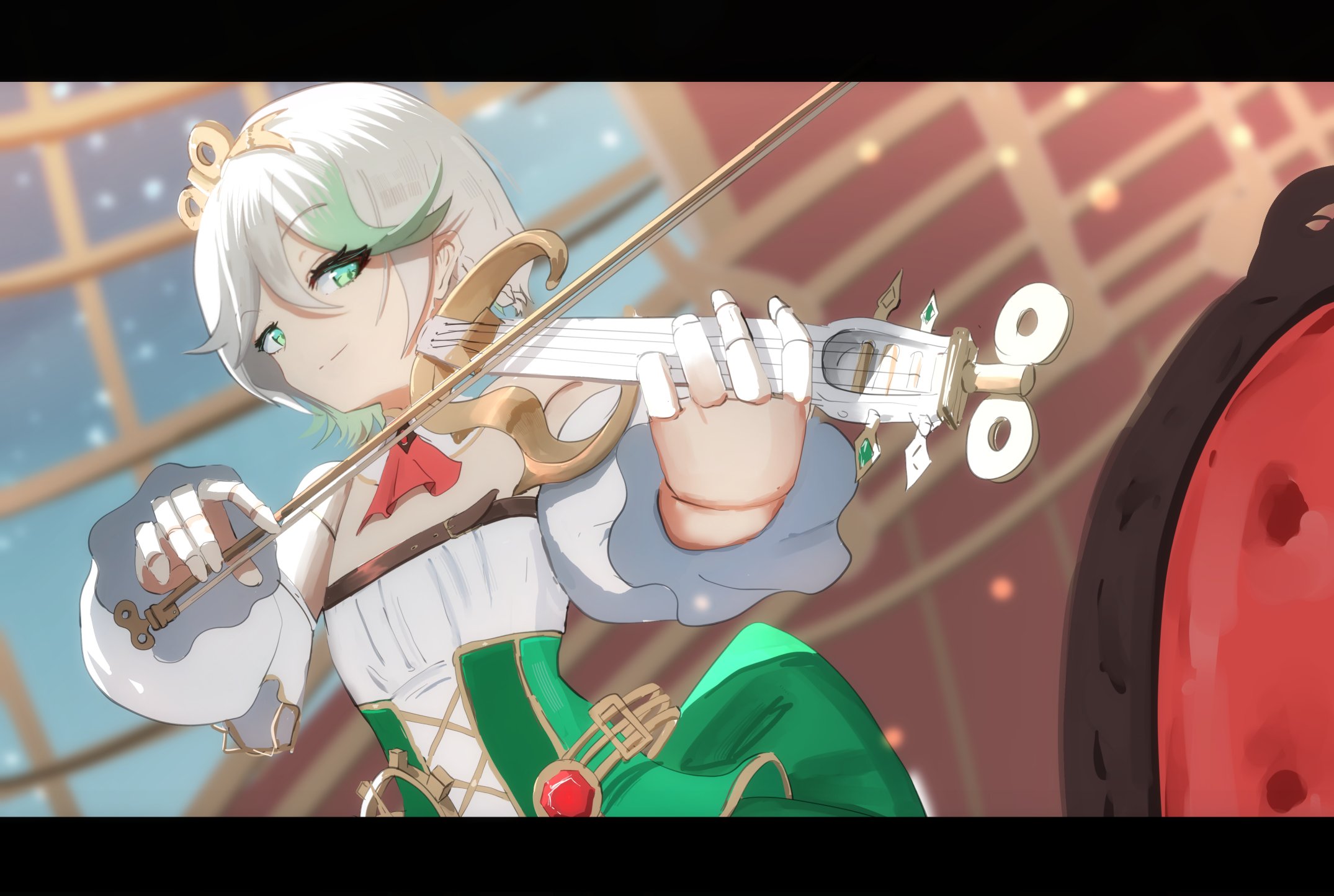 angelchama, cecilia immergreen, cecilia immergreen (1st costume), hololive, hololive english, highres, 1girl, ascot, bow (music), closed mouth, corset, detached collar, detached sleeves, doll joints, gradient hair, green corset, green eyes, green hair, green skirt, grey hair, hair between eyes, holding, holding bow (music), holding instrument, holding violin, indoors, instrument, joints, medium hair, multicolored hair, music, playing instrument, red ascot, romper, skirt, solo, violin, virtual youtuber, white romper, winding key