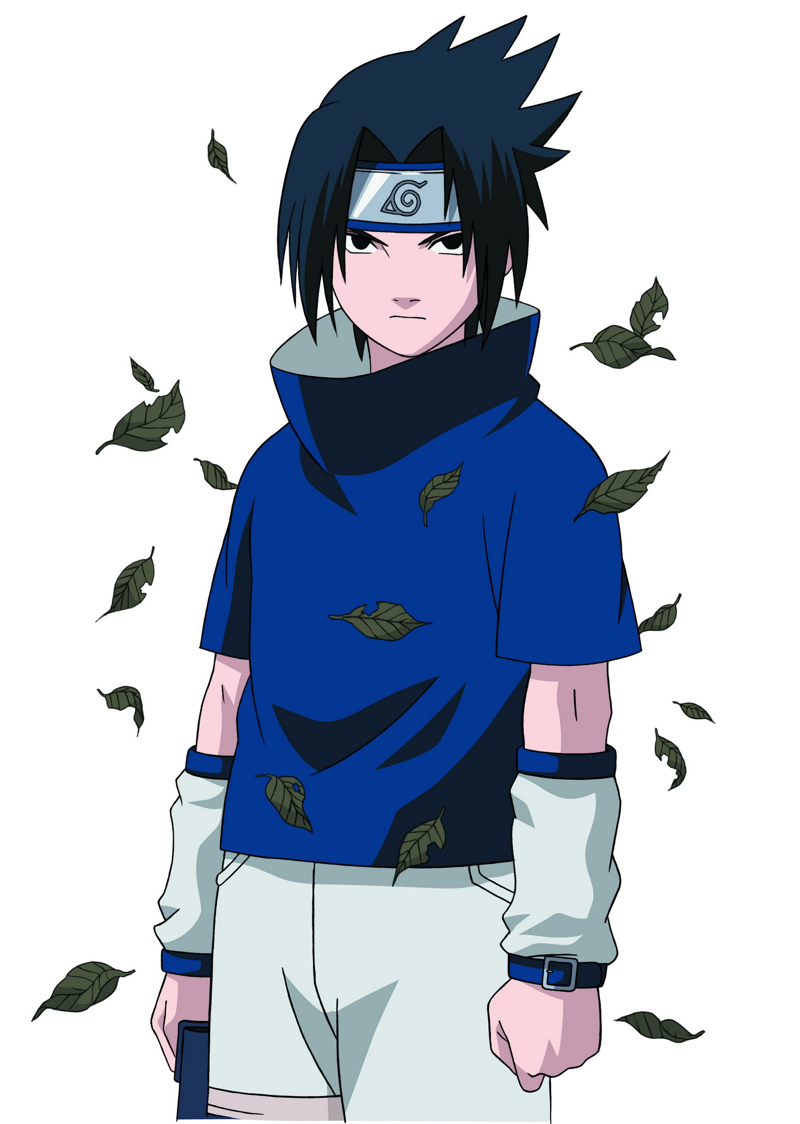 uchiha sasuke, naruto (classic), naruto (series), artist request, highres, 1boy, black hair, detached sleeves, forehead protector, konohagakure symbol, leaf, male focus, short hair, solo