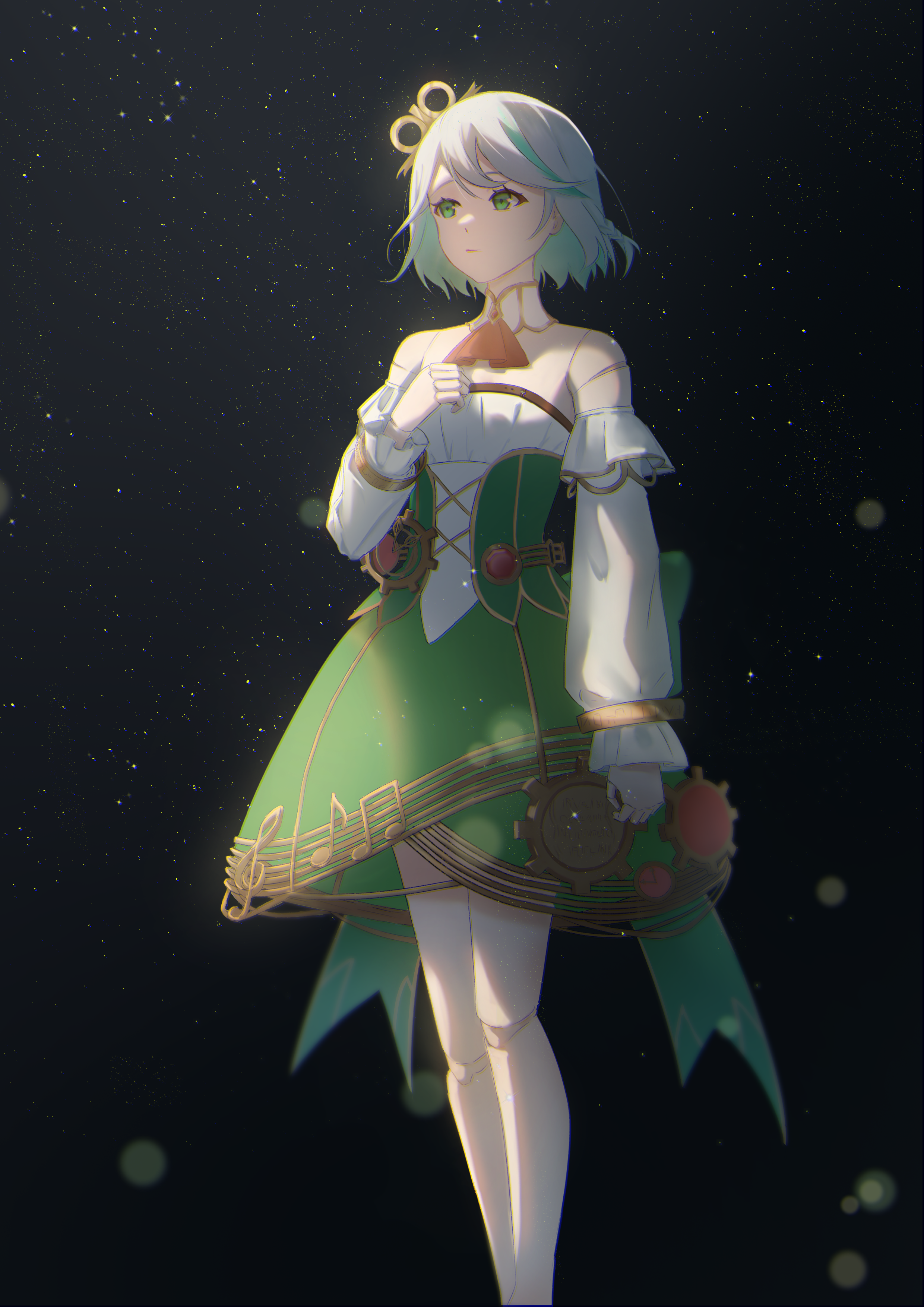 poisonpotato101, cecilia immergreen, cecilia immergreen (1st costume), hololive, hololive english, absurdres, highres, 1girl, ascot, black background, colored inner hair, corset, detached collar, detached sleeves, doll joints, green corset, green eyes, green hair, green skirt, grey hair, hair between eyes, joints, medium hair, multicolored hair, red ascot, romper, skirt, solo, standing, virtual youtuber, white romper, winding key