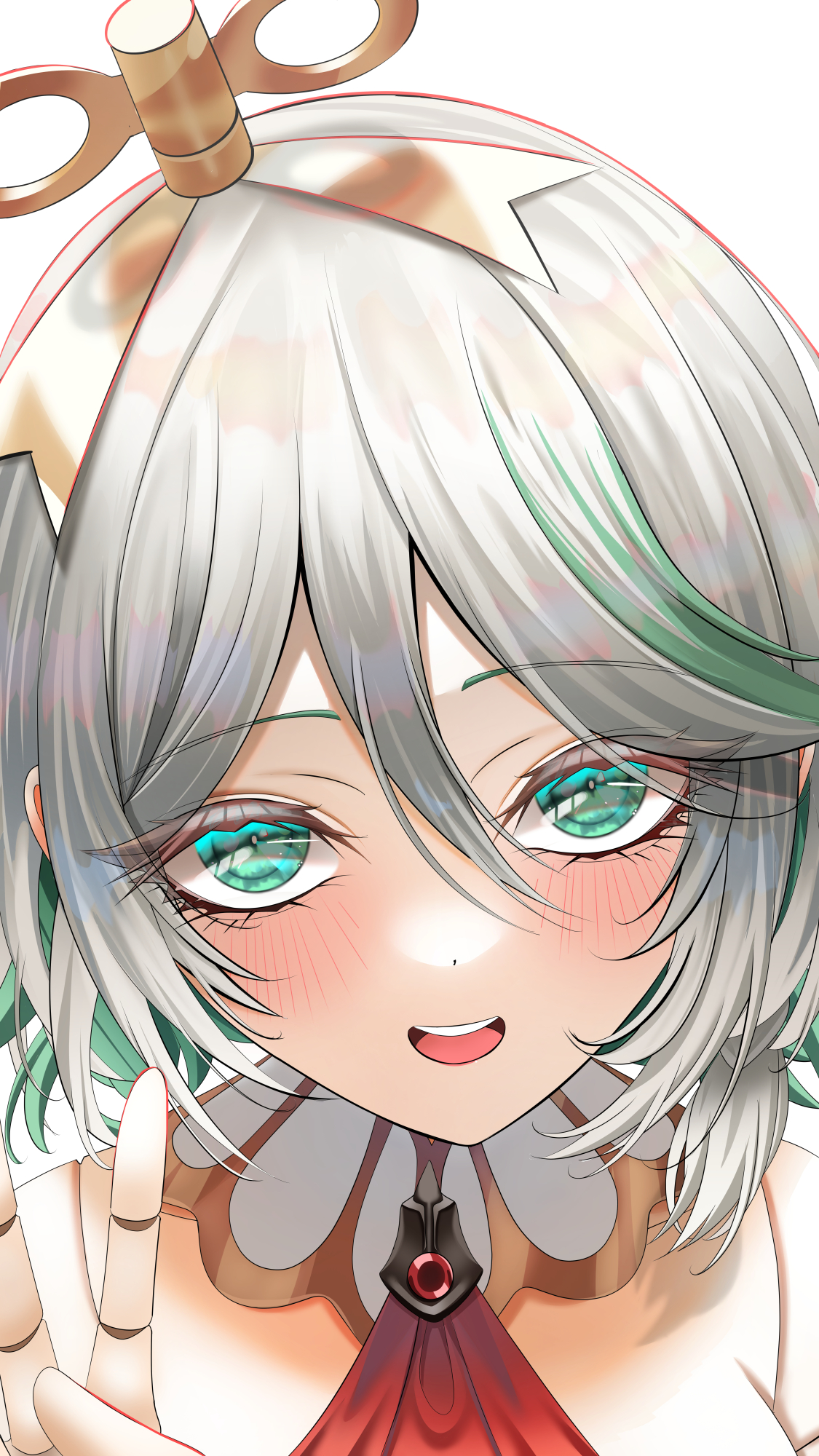 bloodyblack, cecilia immergreen, cecilia immergreen (1st costume), hololive, hololive english, highres, 1girl, ascot, close-up, colored inner hair, detached collar, doll joints, green eyes, green hair, grey hair, hair between eyes, joints, looking at viewer, medium hair, multicolored hair, open mouth, red ascot, simple background, solo, v, virtual youtuber, white background, winding key