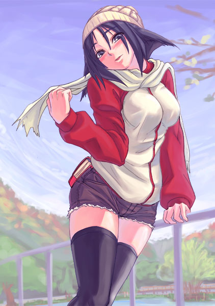 myp2, 1girl, black hair, blush, breasts, female focus, hat, jacket, large breasts, scarf, short hair, shorts, solo, thighhighs, zettai ryouiki