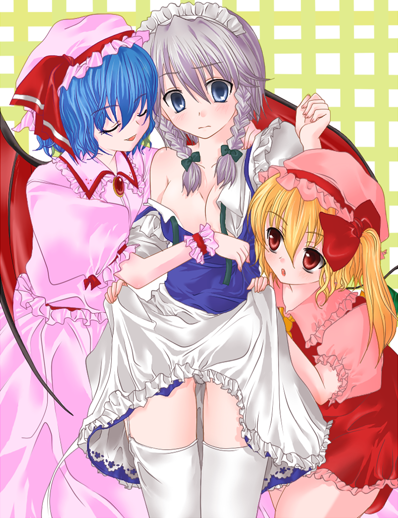 akamatumiki, flandre scarlet, izayoi sakuya, remilia scarlet, touhou, bad id, bad pixiv id, 3girls, blonde hair, blue eyes, blue hair, blush, braid, breasts, clothes lift, female focus, long hair, maid, medium breasts, multiple girls, panties, red eyes, short hair, skirt, skirt lift, thighhighs, twin braids, underwear, undressing, white hair, wings