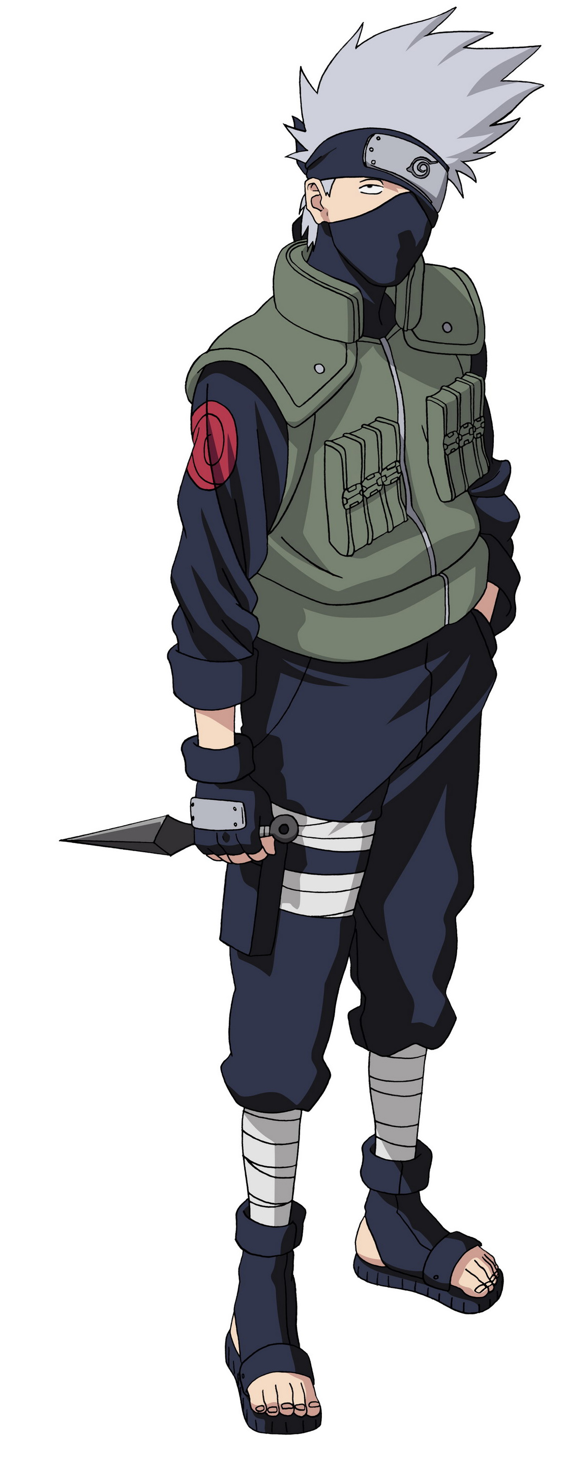 hatake kakashi, naruto (classic), naruto (series), silver hair, absurdres, artist request, highres, long image, tall image, fingerless gloves, forehead protector, gloves, half mask, kunai, male focus, mask, short hair, solo, weapon