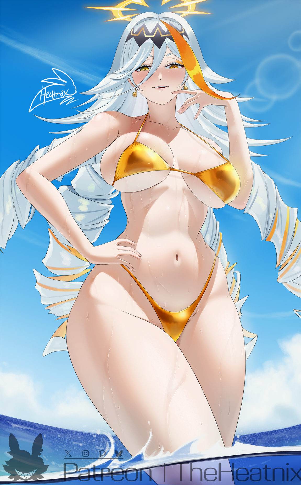 theheatnix, baldr (fire emblem heroes), fire emblem, fire emblem heroes, nintendo, commentary, english commentary, highres, 1girl, alternate costume, bikini, blue sky, blush, breasts, cleavage, earrings, gold bikini, hair between eyes, hand on own hip, highleg, jewelry, large breasts, long hair, looking at viewer, multicolored hair, navel, ocean, orange hair, outdoors, seductive smile, signature, sky, smile, solo, stomach, streaked hair, swimsuit, two-tone hair, very long hair, water, wet, white hair, yellow eyes