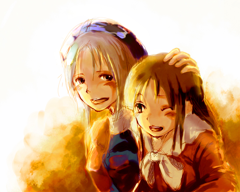 yae (mono110), houraisan kaguya, yagokoro eirin, touhou, bad id, bad pixiv id, 2girls, blonde hair, brown hair, female focus, hairband, multiple girls, wink