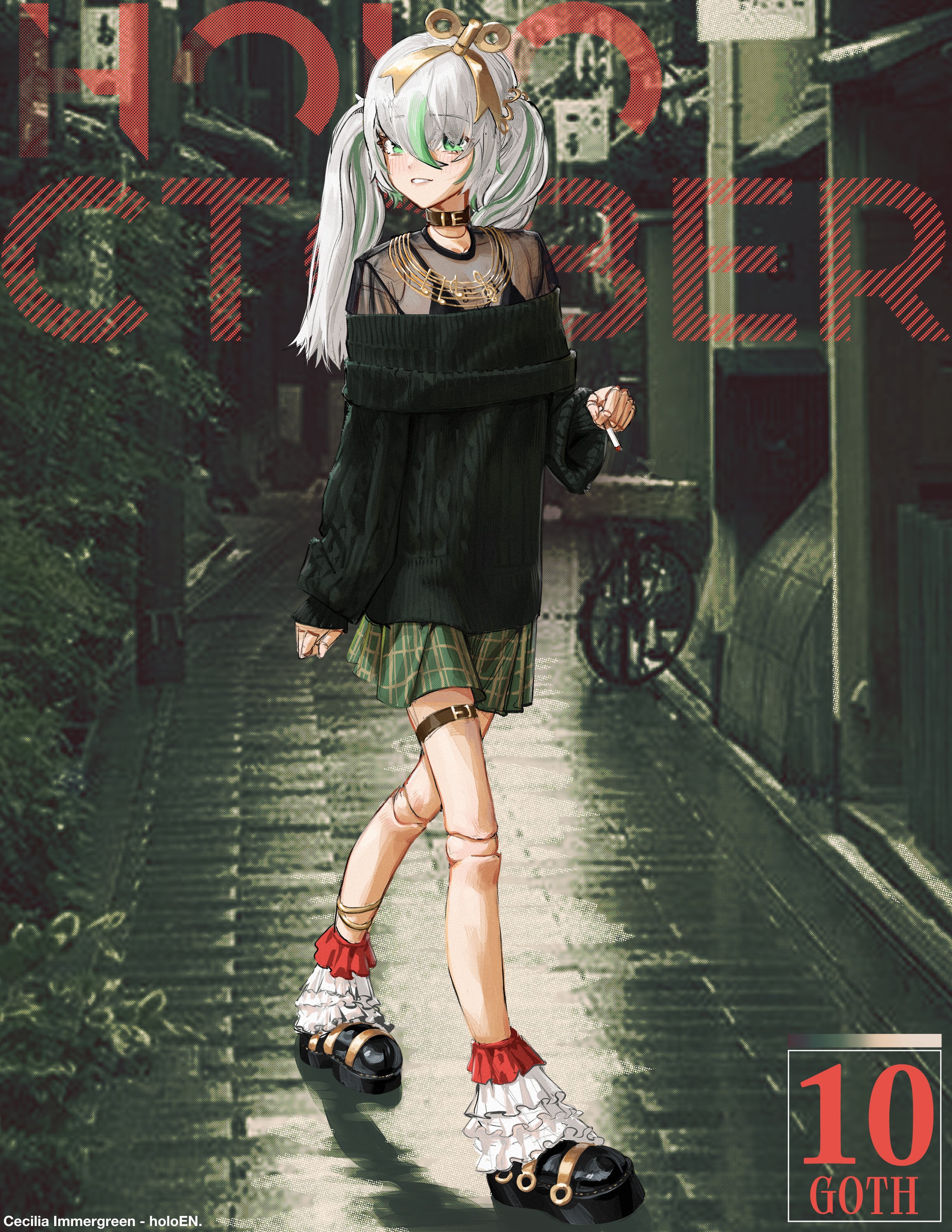 snaileater, cecilia immergreen, hololive, hololive english, absurdres, highres, 1girl, alternate costume, black shoes, black sweater, doll joints, gradient hair, green eyes, green hair, green skirt, grey hair, hair between eyes, joints, long hair, multicolored hair, photo background, plaid clothes, plaid skirt, shoes, skirt, solo, sweater, twintails, virtual youtuber, winding key