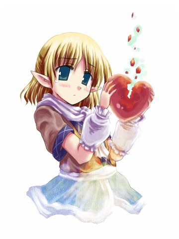 creaholic, toshihiro, mizuhashi parsee, touhou, lowres, 1girl, blonde hair, broken heart, female focus, green eyes, heart, pointy ears, short hair, simple background, solo, tears