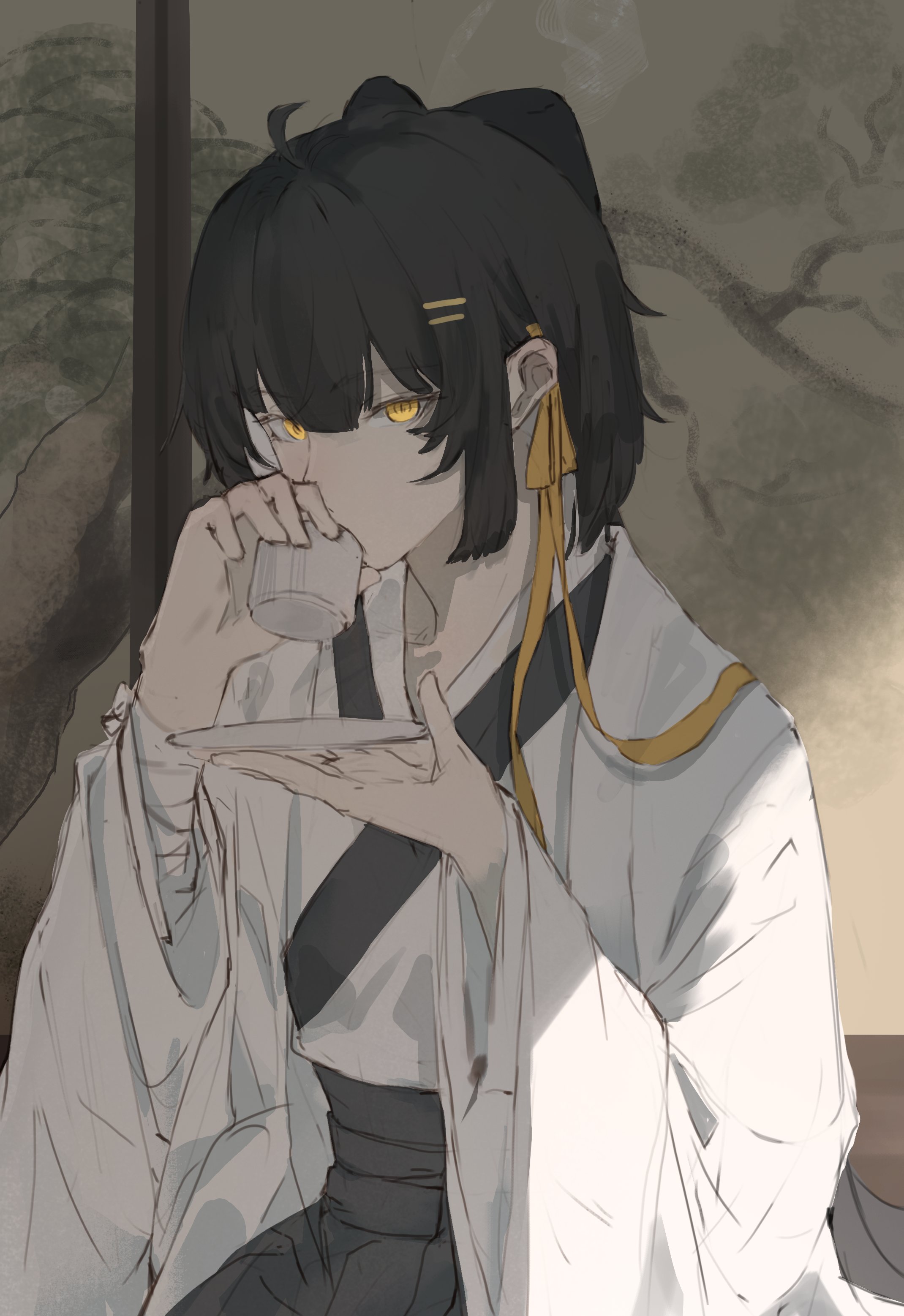 elyzerda, female rover (wuthering waves), rover (wuthering waves), wuthering waves, absurdres, commentary, highres, 1girl, ahoge, black bow, black hair, bow, chinese clothes, colored inner hair, cup, hair bow, hair ribbon, holding, holding cup, long sleeves, looking at viewer, multicolored hair, ribbon, solo, white hair, yellow eyes, yellow ribbon