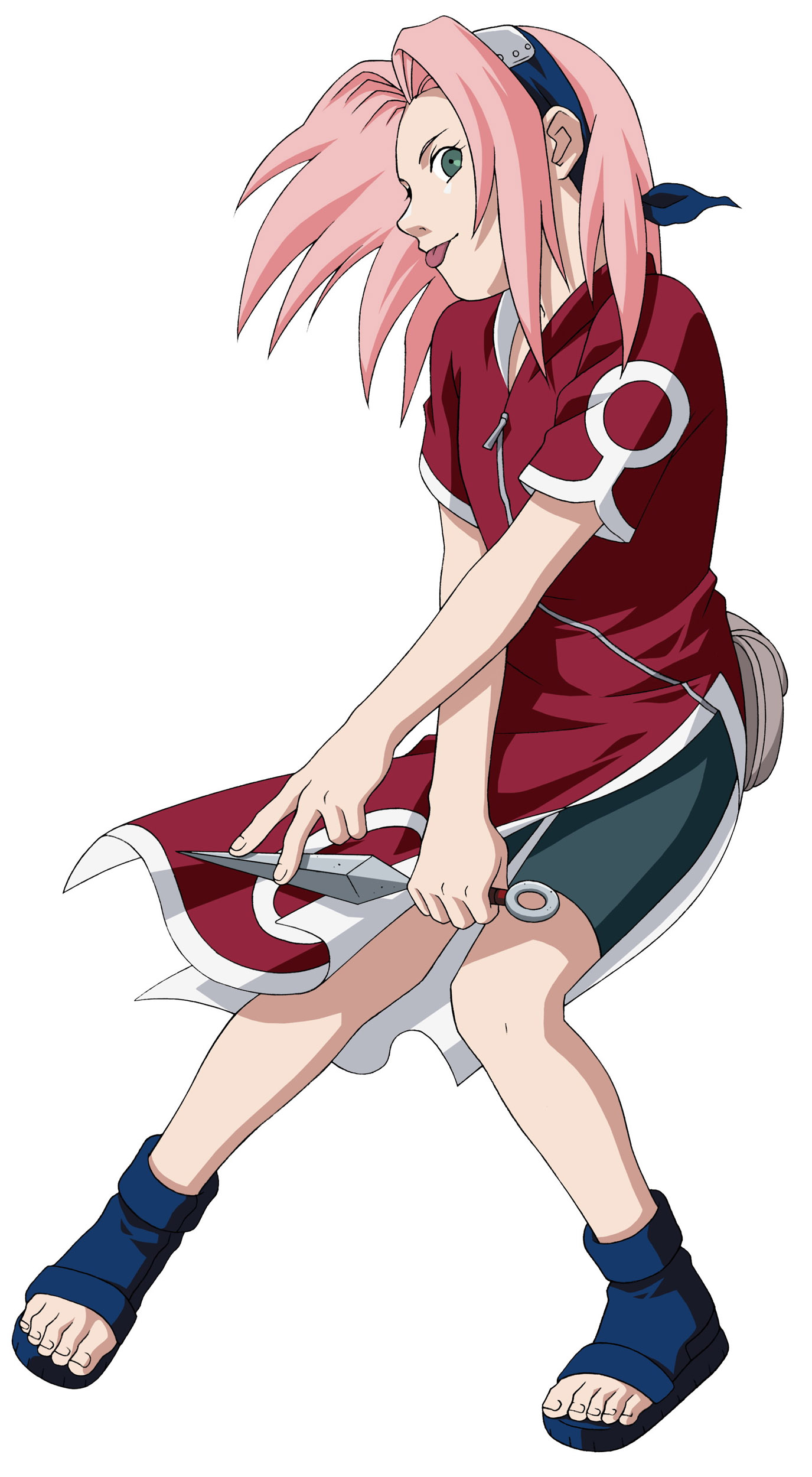 haruno sakura, naruto (classic), naruto (series), absurdres, artist request, highres, 1girl, :p, bag, baggy clothing, bike shorts, blue shoes, dress, female focus, flat chest, forehead protector, full body, green eyes, hairband, headband, headdress, holding, holding weapon, kunai, long hair, looking at viewer, open-toe shoes, pink hair, red dress, shoes, short sleeves, shorts, side slit, simple background, skin tight, solo, spandex, toes, tongue, tongue out, weapon, white background, zipper