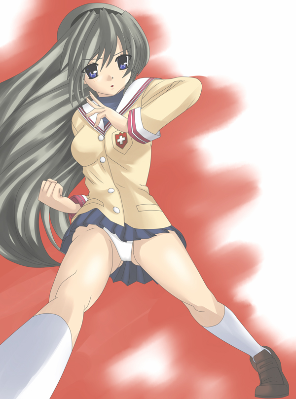 hiiragi shin, sakagami tomoyo, clannad, bad id, bad pixiv id, 00s, blue eyes, fighting stance, grey hair, long hair, panties, pantyshot, school uniform, serafuku, solo, underwear
