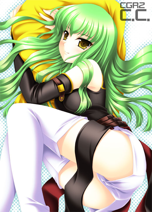 akino shin, c.c., code geass, 00s, 1girl, ass, detached sleeves, female focus, green hair, long hair, looking at viewer, shorts, smile, solo, thighhighs, white thighhighs, yellow eyes