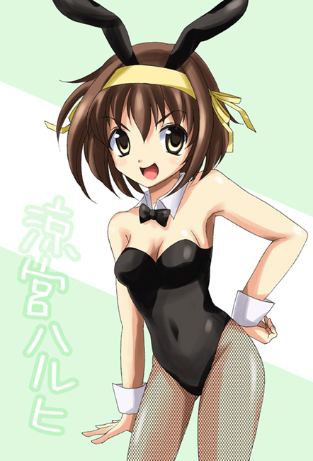 kanae arisu, suzumiya haruhi, suzumiya haruhi no yuuutsu, 00s, animal ears, bow, bowtie, breasts, brown eyes, brown hair, cleavage, covered navel, detached collar, fake animal ears, fishnet pantyhose, fishnets, hairband, hand on own hip, leotard, open mouth, pantyhose, playboy bunny, rabbit ears, solo, wrist cuffs