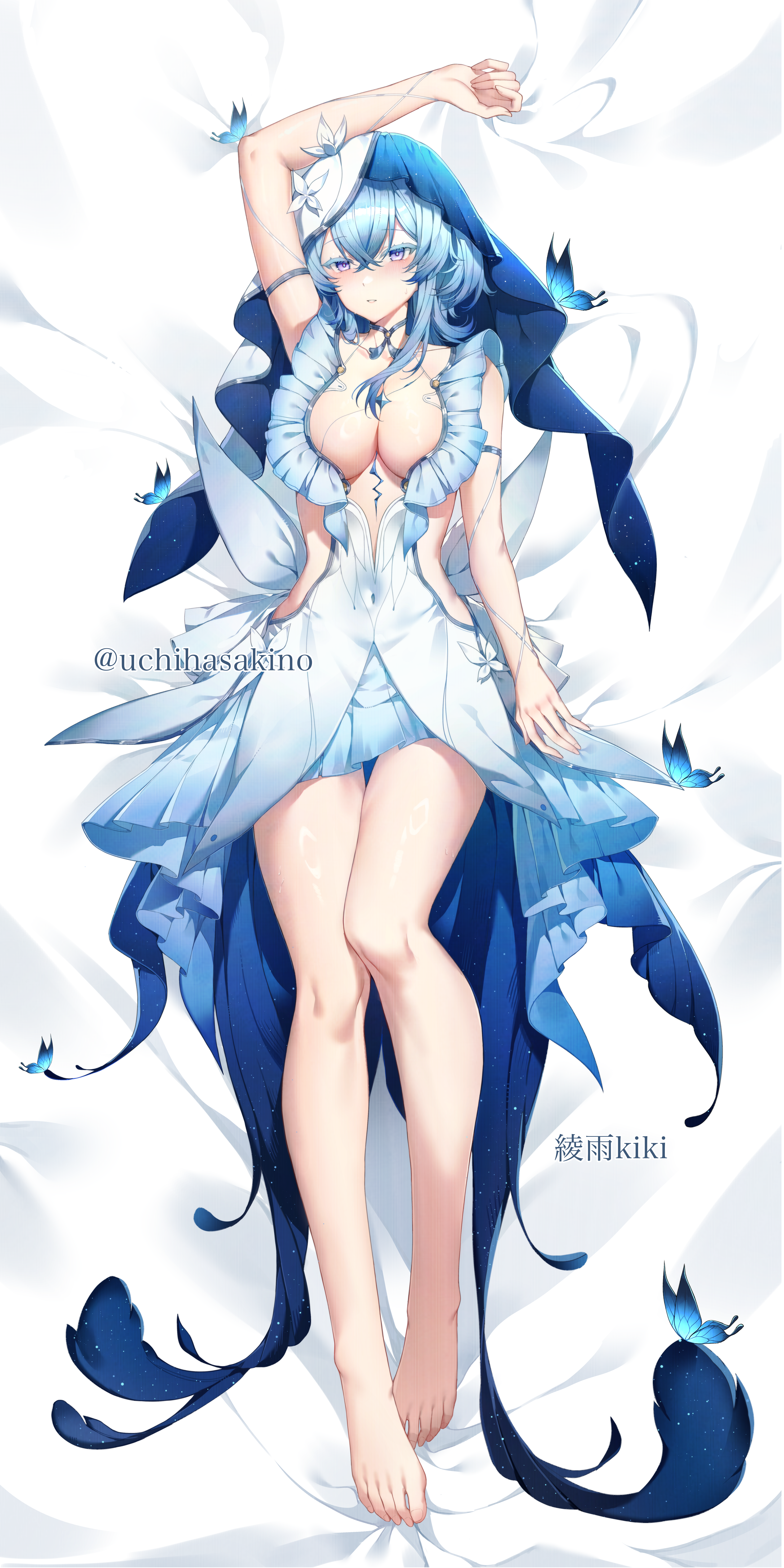 uchihasakino, shorekeeper (wuthering waves), wuthering waves, absurdres, commentary, highres, incredibly absurdres, symbol-only commentary, 1girl, arm up, armlet, bare legs, barefoot, bed, bed sheet, blue butterfly, blue dress, blue hair, blue veil, blush, breasts, bug, butterfly, colored eyelashes, covered navel, dakimakura (medium), dress, feet, full body, hair between eyes, insect, jewelry, large breasts, legs, long hair, looking at viewer, lying, on back, on bed, parted lips, purple eyes, sleeveless, sleeveless dress, solo, thigh gap, thighs, toes, two-tone veil, veil, white veil