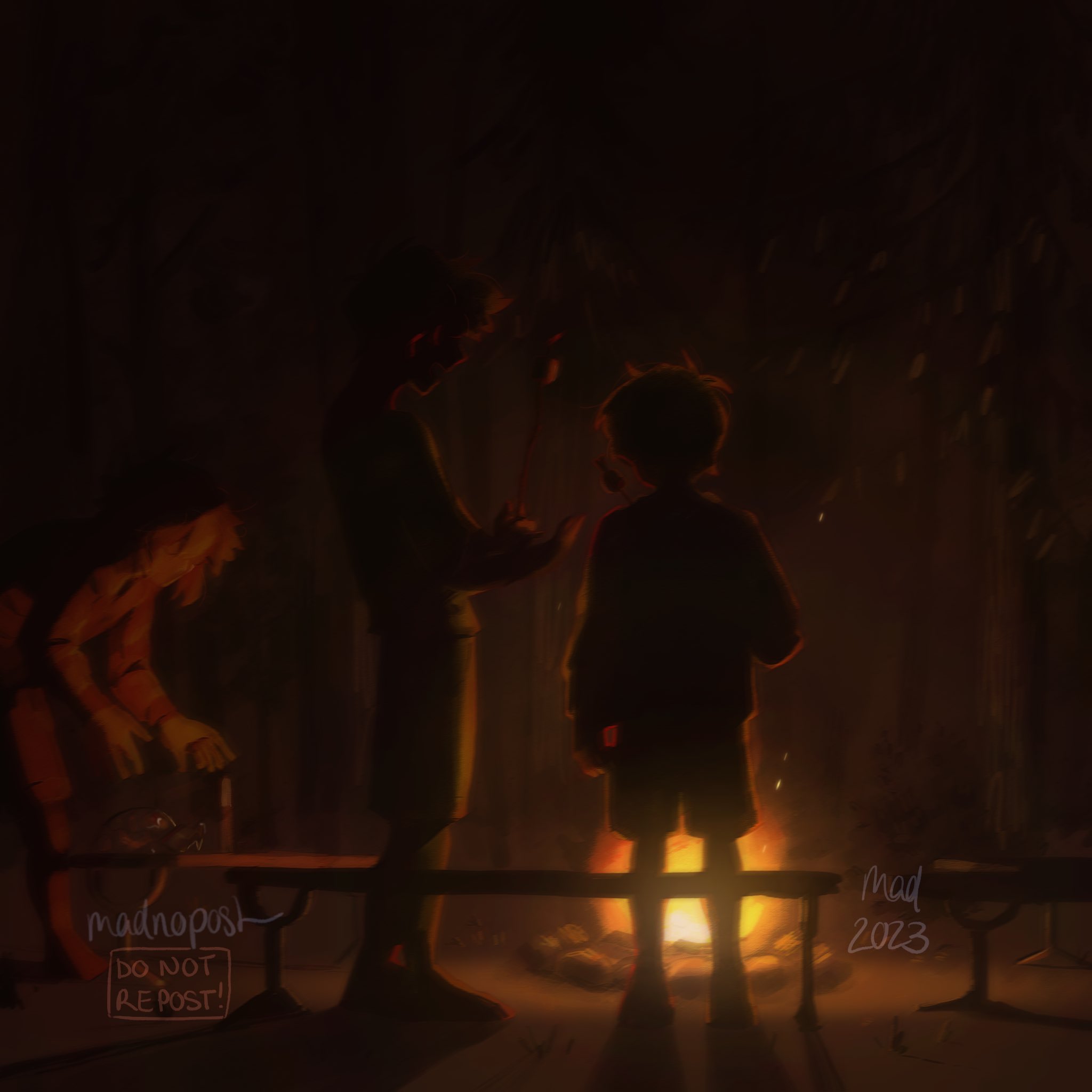 madnopost, basil (faraway) (omori), basil (omori), hero (faraway) (omori), hero (omori), sunny (omori), omori, highres, 2023, 3boys, alternate costume, antenna hair, artist name, bench, blonde hair, campfire, food, forest, holding, holding stick, long hair, long sleeves, male focus, marshmallow, multiple boys, nature, night, open mouth, outdoors, short hair, shorts, sidelocks, standing, stick, tree