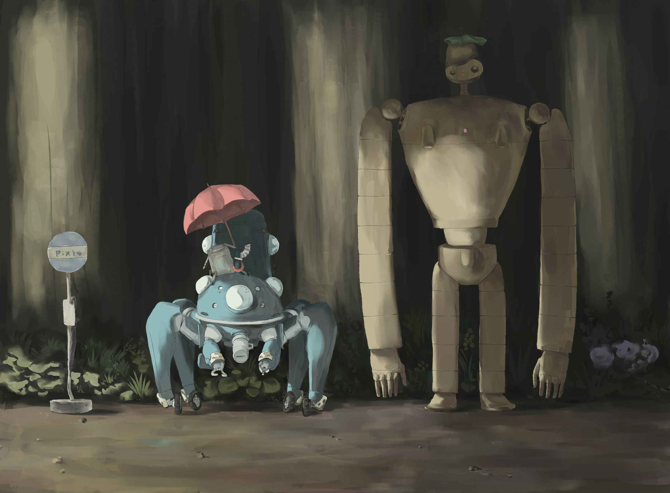 iridori, laputa robot, tachikoma, totoro, ghost in the shell, pixiv, studio ghibli, tenkuu no shiro laputa, tonari no totoro, highres, bus stop, company connection, crossover, humanoid robot, multiple crossover, no humans, non-humanoid robot, parody, robot, totoro bus stop, tree, umbrella