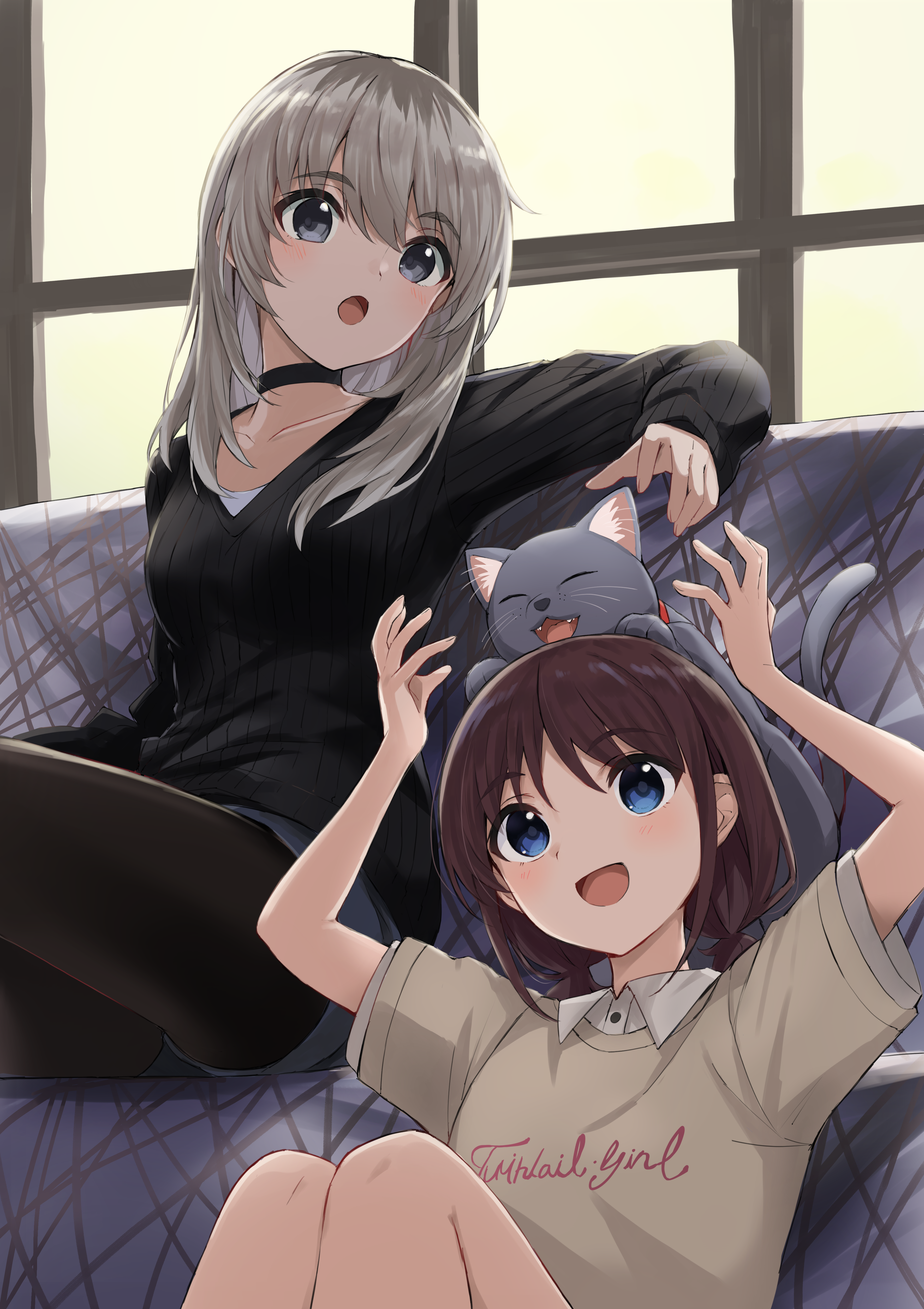 yanagi marie, iseri nina, kawaragi momoka, girls band cry, absurdres, commentary request, highres, 2girls, :d, :o, animal, animal on head, black cat, black eyes, black pantyhose, black sweater, blue shorts, brown hair, cat, cat on head, collared shirt, couch, grey hair, long hair, multiple girls, on couch, on head, open mouth, pantyhose, ribbed sweater, shirt, short hair, shorts, smile, sweater, tongue, white shirt, window
