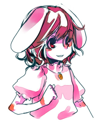 takishima asaka, inaba tewi, touhou, lowres, 1girl, animal ears, brown hair, faux traditional media, female focus, rabbit ears, red eyes, short hair, simple background, smile, solo, upper body