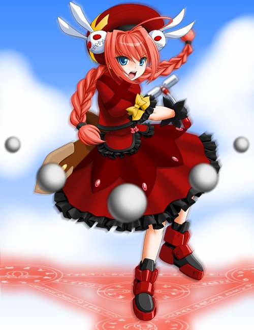 t2r, graf eisen, vita (nanoha), lyrical nanoha, mahou shoujo lyrical nanoha, mahou shoujo lyrical nanoha a's, 00s, 1girl, :d, ankle boots, ball, beret, blue eyes, blush, boots, braid, dress, female focus, floating, floating object, full body, hair ornament, hat, long hair, looking at viewer, open mouth, puffy short sleeves, puffy sleeves, rabbit hair ornament, red dress, red hair, short sleeves, smile, solo, twin braids, very long hair