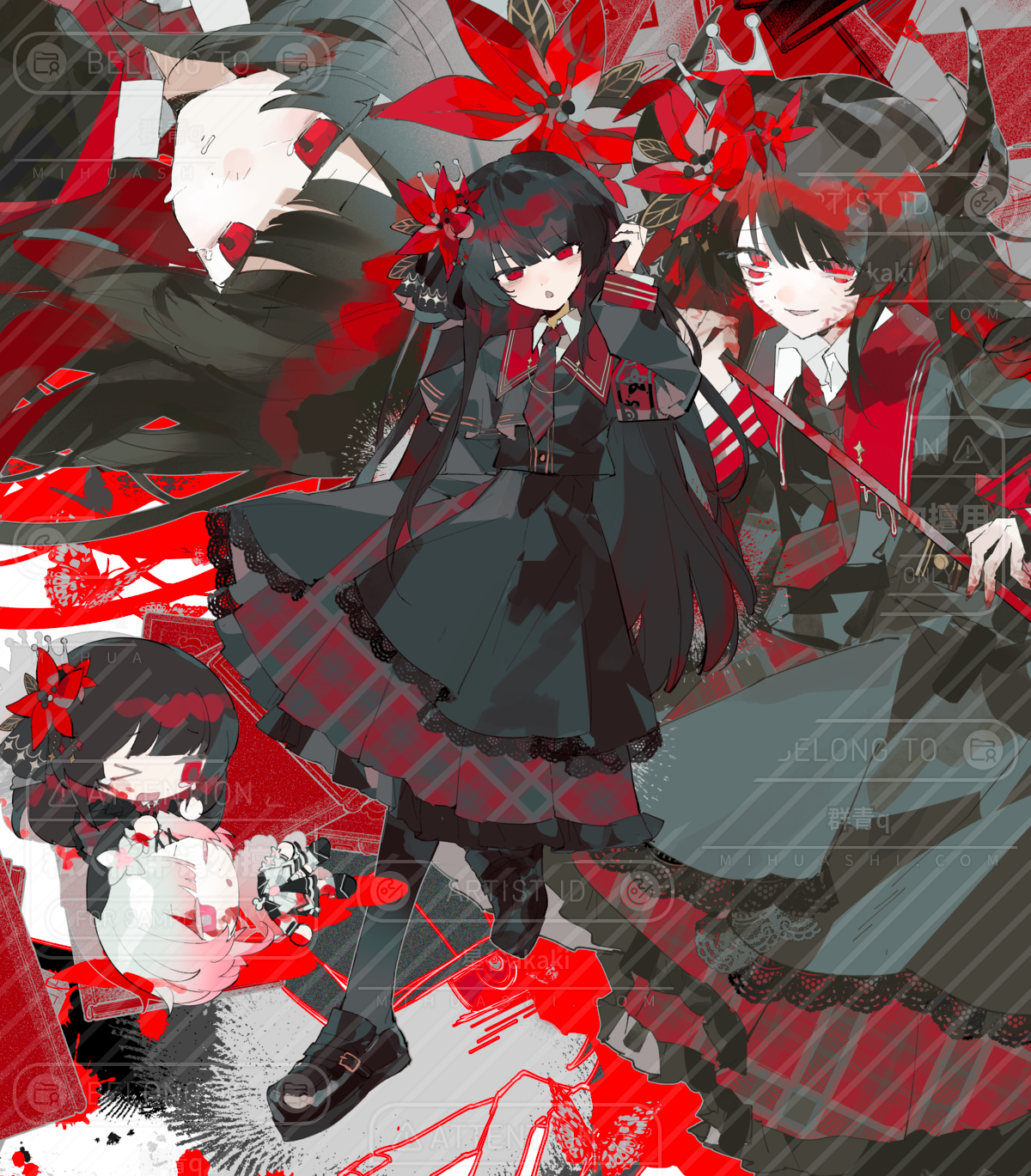 nikaidou hiro, sakuraba ema, mahou shoujo no majo saiban, chinese commentary, commentary request, commission, highres, second-party source, spoilers, > o, 2girls, armband, black capelet, black hair, black horns, black shirt, black skirt, capelet, chibi, dark persona, extra eyes, flower, frilled skirt, frills, full body, hair flower, hair ornament, hand up, holding, holding weapon, horns, layered skirt, loafers, long hair, long sleeves, looking at viewer, magical girl, multiple girls, multiple views, necktie, one eye closed, red armband, red eyes, red flower, red necktie, red skirt, shirt, shoes, skirt, smile, standing, standing on one leg, too many watermarks, watermark, weapon, xinggu akaki